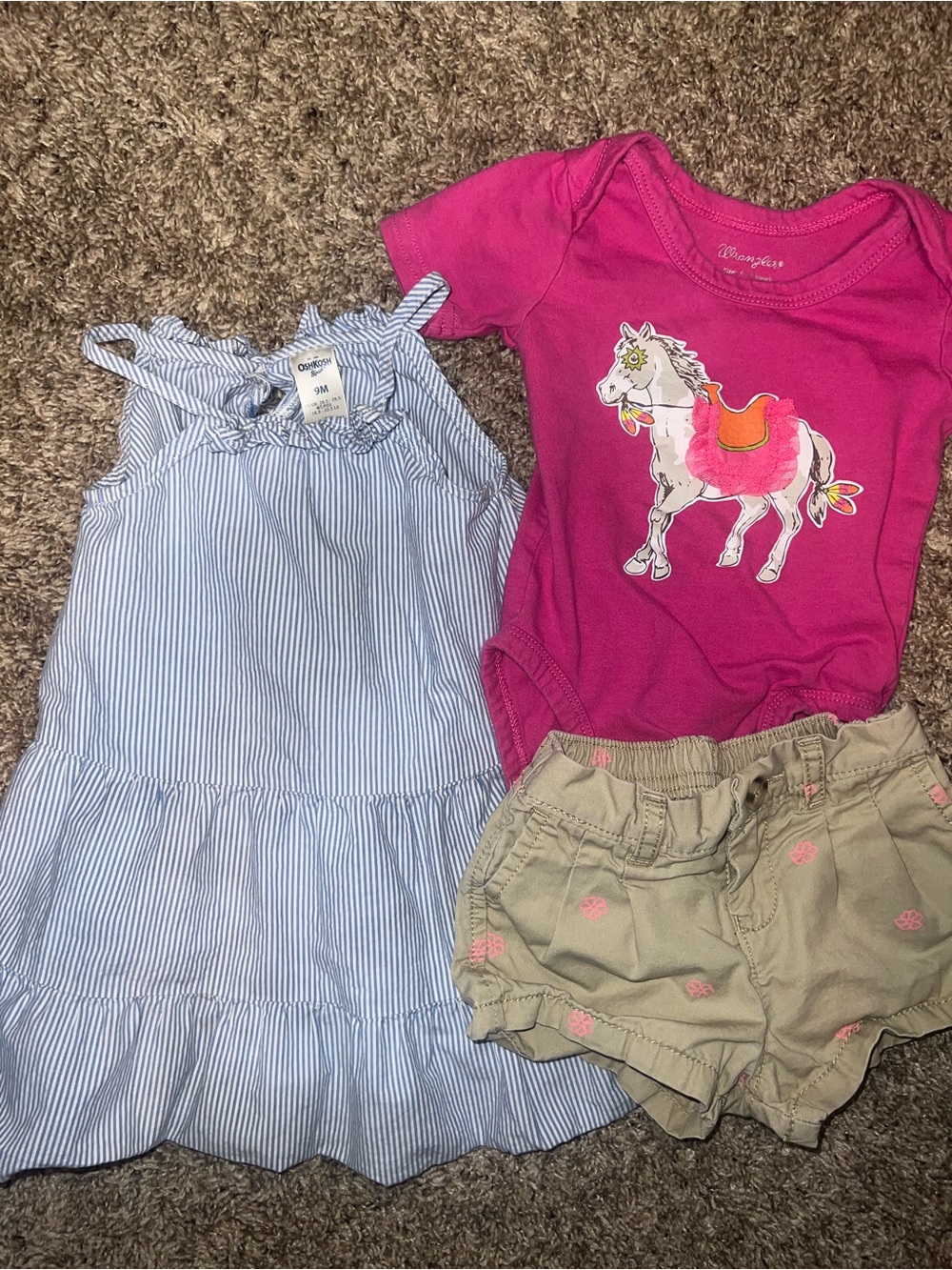 Wrangler Oshkosh Baby Girl 9 Months Pink Horse Onesie Dress Shorts Bundle